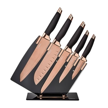 Tower Damascus Effect Kitchen Knife Set with Stainless Steel Blades and Acrylic Stand, 5 Piece, Blac...