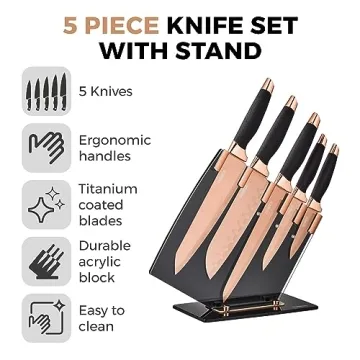 Tower Damascus Effect Kitchen Knife Set with Stainless Steel Blades and Acrylic Stand, 5 Piece, Black 5 Count