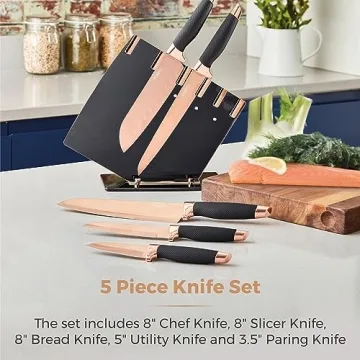 Tower Damascus Effect Kitchen Knife Set with Stainless Steel Blades and Acrylic Stand, 5 Piece, Black 5 Count