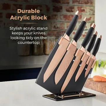 Tower Damascus Effect Kitchen Knife Set with Stainless Steel Blades and Acrylic Stand, 5 Piece, Black 5 Count
