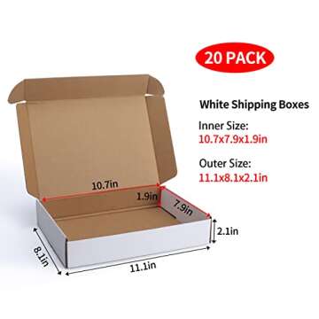 Lyeasw 11x8x2 Inch Shipping Boxes 20 Pack Corrugated Cardboard Box Mailer for Small Business Mailing Packing, White