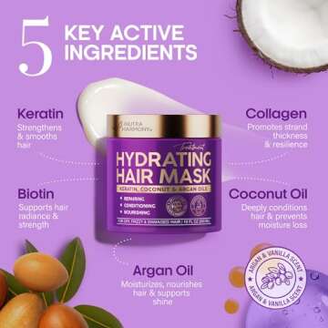 Hydrating Hair Mask - For Dry Damaged Hair - Moisturizing Keratin Treatment - Argan & Coconut Oil | Biotin | Collagen - Deep Conditioning, Anti Frizz Product for Women - Care for All HairTypes, 10 Oz