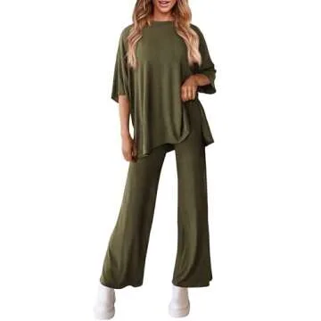 PRETTYGARDEN Women's 2 Piece Outfits Casual Short Sleeve Pullover Tops and Wide Leg Pants Lounge Sets Tracksuits (Army Green,X-Large)