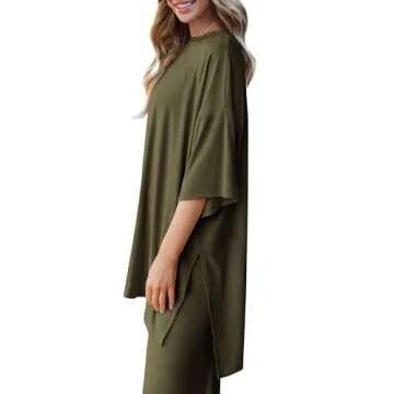 PRETTYGARDEN Women's 2 Piece Outfits Casual Short Sleeve Pullover Tops and Wide Leg Pants Lounge Sets Tracksuits (Army Green,X-Large)