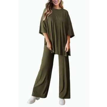 PRETTYGARDEN Women's 2 Piece Outfits Casual Short Sleeve Pullover Tops and Wide Leg Pants Lounge Sets Tracksuits (Army Green,X-Large)
