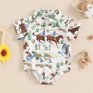 Rarjuiey Newborn Western Baby Boy Outfits Country Cow Shirt Romper Short Sleeve Button Down Bodysuit Cowboy Summer Clothes Green 6-12 Months