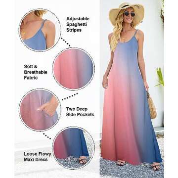 Wolddress Womens 2025 Casual Sleeveless Sundress Plus Size Loose Plain Long Summer Beach Maxi Dress with Pockets Gradient-Babyblue Pink 2X