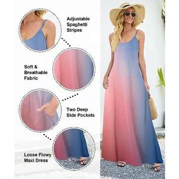 Wolddress Womens 2025 Casual Sleeveless Sundress Plus Size Loose Plain Long Summer Beach Maxi Dress with Pockets Gradient-Babyblue Pink 2X