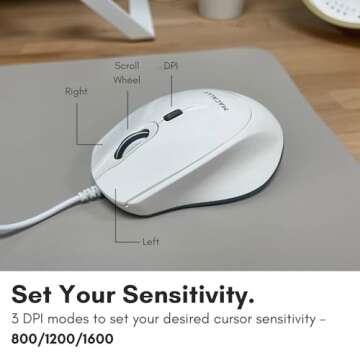 Macally USB C Mouse for Mac - Precise, Comfortable, and Quiet - Wired Type C Mouse for MacBook Pro |Air|PC|iOS|Android - Ambidextrous Body, 4 DPI Modes, & Silent Buttons - Optical Mouse USB C - White