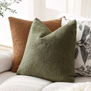 Foindtower Pack of 2, Curly Faux Fur Decorative Throw Pillow Covers Soft Plush Cushion Case with Zipper Cozy Fluffy Boho Pillowcase for Home Living Room Couch Bed Sofa 18 x 18 Inch, Moss Green
