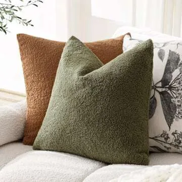 Foindtower Pack of 2, Curly Faux Fur Decorative Throw Pillow Covers Soft Plush Cushion Case with Zipper Cozy Fluffy Boho Pillowcase for Home Living Room Couch Bed Sofa 18 x 18 Inch, Moss Green