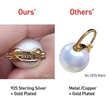 OwMell Elegant 925 Sterling Silver Pearl Drop Earrings Dangle Stud Gold Plated Earrings for Women Large Size 12mm - Gold