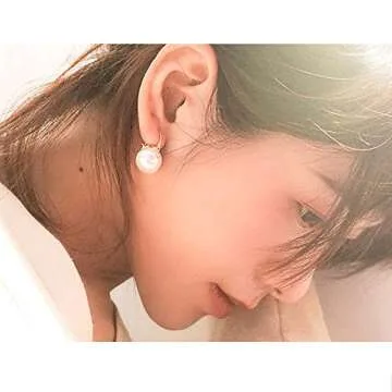 OwMell Elegant 925 Sterling Silver Pearl Drop Earrings Dangle Stud Gold Plated Earrings for Women Large Size 12mm - Gold