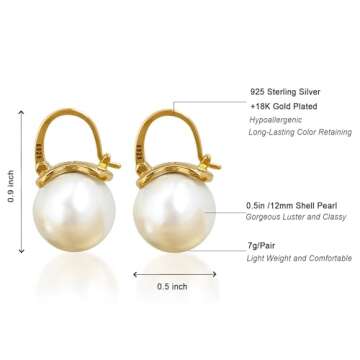 OwMell Elegant 925 Sterling Silver Pearl Drop Earrings Dangle Stud Gold Plated Earrings for Women Large Size 12mm - Gold