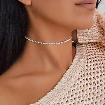 EFTOM Silver Rhinestone Choker Necklace Diamond Tennis Necklaces for Women 1 Row