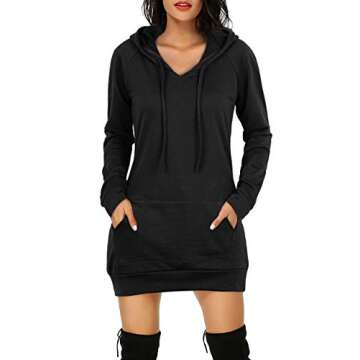 BEPEI Womens Long Sleeve Tunic Sweatshirt String Hoodie with Pocket Extra Long Tunic Sweaters to Wea...