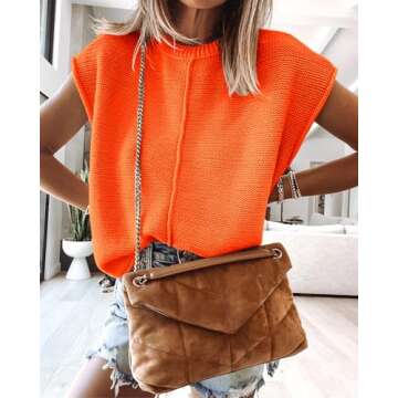 Saodimallsu Womens Summer Tops Casual Crew Neck Cap Sleeve Loose Fit Knit Lightweight Sweater Pullover Top Orange