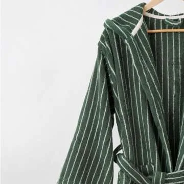 Coastal Striped Bathrobe Hooded Robe, Vintage Aesthetic 100% Cotton Robe, Unisex Luxury Soft Ultra Absorbent Spa Bath Robe (US, Alpha, Large, Regular, Regular, Green)