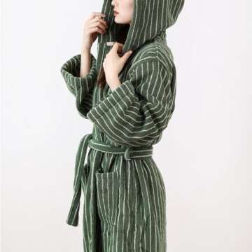 Coastal Striped Bathrobe Hooded Robe, Vintage Aesthetic 100% Cotton Robe, Unisex Luxury Soft Ultra Absorbent Spa Bath Robe (US, Alpha, Large, Regular, Regular, Green)