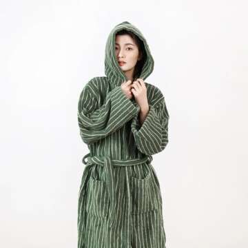 Coastal Striped Bathrobe Hooded Robe, Vintage Aesthetic 100% Cotton Robe, Unisex Luxury Soft Ultra Absorbent Spa Bath Robe (US, Alpha, Large, Regular, Regular, Green)