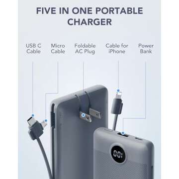 VRURC Portable Charger Built-in Cables and AC Wall Plug, USB C Power Bank 10000mAh, Portable Phone C...