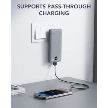 VRURC Portable Charger Built-in Cables and AC Wall Plug, USB C Power Bank 10000mAh, Portable Phone Charger Compact Lightweight External Battery Pack for Smart Phones, Tablets etc-Grey