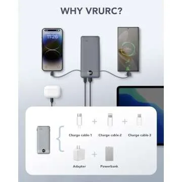VRURC Portable Charger Built-in Cables and AC Wall Plug, USB C Power Bank 10000mAh, Portable Phone Charger Compact Lightweight External Battery Pack for Smart Phones, Tablets etc-Grey