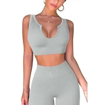 QINSEN Workout Outfits for Women 2 Piece Ribbed Seamless Crop Tank High Waist Yoga Leggings Sets (L, Light Grey)