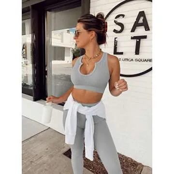 QINSEN Workout Outfits for Women 2 Piece Ribbed Seamless Crop Tank High Waist Yoga Leggings Sets (L, Light Grey)