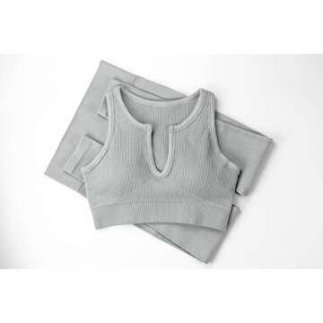 QINSEN Workout Outfits for Women 2 Piece Ribbed Seamless Crop Tank High Waist Yoga Leggings Sets (L, Light Grey)