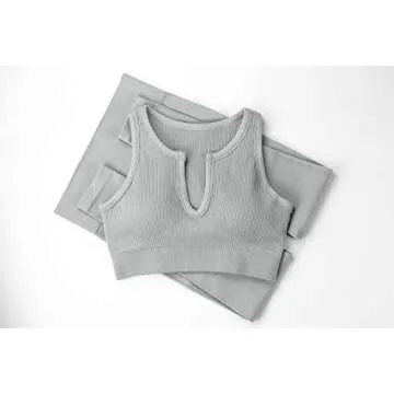 QINSEN Workout Outfits for Women 2 Piece Ribbed Seamless Crop Tank High Waist Yoga Leggings Sets (L, Light Grey)