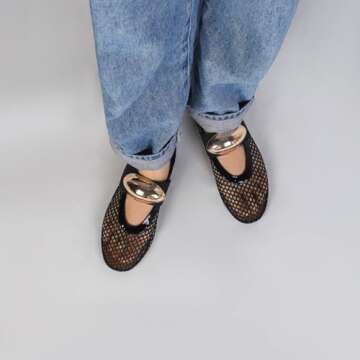 DOEYG Black Mesh Ballet Flats for Women Round Toe Mesh Flats Ballet Shoes Buckle Strap Mesh Mary Jan...