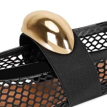 DOEYG Black Mesh Ballet Flats for Women Round Toe Mesh Flats Ballet Shoes Buckle Strap Mesh Mary Jane Flats Comfy Casual Office Summer Fishnet Ballerina Flats Shoes Size 7.5