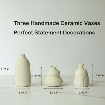 Porceluxe Beige Vase Set of 3 - Modern Farmhouse Decor | Ceramic Vases for Home | Small Vases for Flowers, Pampas Grass & Centerpieces | Rustic Boho Elegance for Table & Shelf Decorations