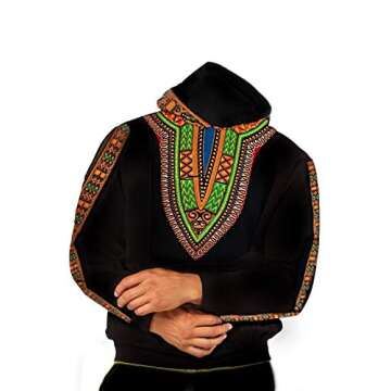 Black Hoodie - Dashiki Hoodie Premium Quality Hoodies | Unisex Hoodies African Fashion (12, Green Dashiki)