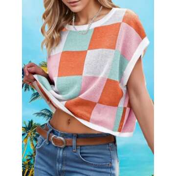 Womens Spring Crop Tops 2025 Cap Short Sleeve Sweater Vest Tank Loose Shirts Business Vacation Outfi...