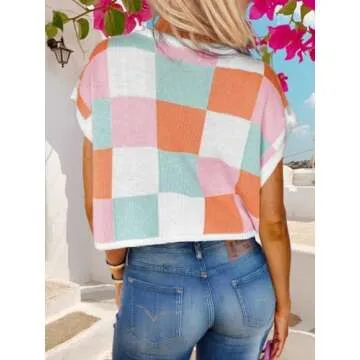 Womens Spring Crop Tops 2025 Cap Short Sleeve Sweater Vest Tank Loose Shirts Business Vacation Outfits Trendy Fall Summer Top Pink
