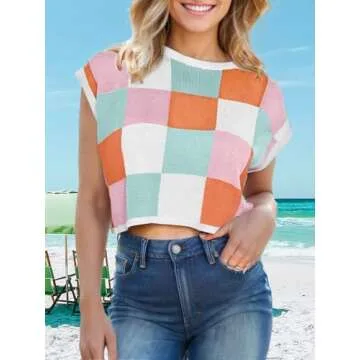 Womens Spring Crop Tops 2025 Cap Short Sleeve Sweater Vest Tank Loose Shirts Business Vacation Outfits Trendy Fall Summer Top Pink