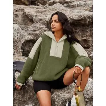 Panadila Womens Fleece Pullover Fuzzy Jacket Quarter Zip Hoodie Sherpa Sweater Oversized Cozy Sweatshirt(Army Green Combo,L)