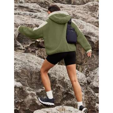 Panadila Womens Fleece Pullover Fuzzy Jacket Quarter Zip Hoodie Sherpa Sweater Oversized Cozy Sweatshirt(Army Green Combo,L)