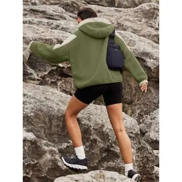 Panadila Womens Fleece Pullover Fuzzy Jacket Quarter Zip Hoodie Sherpa Sweater Oversized Cozy Sweatshirt(Army Green Combo,L)