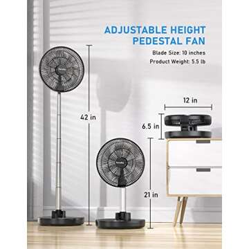 FARADAY Oscillating Standing Fan 12” Foldable Portable Quiet Floor Fan 12000mAh Rechargeable Pedestal Fan with Remote, Timer Setting, Height Adjustable Foldaway Fan for Bedroom Home Office, 6 Speed