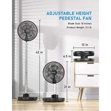 FARADAY Oscillating Standing Fan 12” Foldable Portable Quiet Floor Fan 12000mAh Rechargeable Pedestal Fan with Remote, Timer Setting, Height Adjustable Foldaway Fan for Bedroom Home Office, 6 Speed