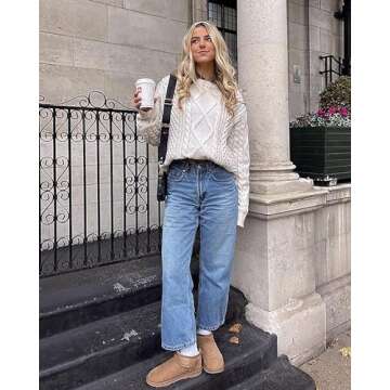 Vamtac Womens Oversized Sweaters Cable Knit Crewneck Cream Casual Vintage Loose Pullover Beige Woven...