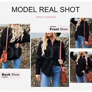 Dokotoo Womens Corduroy Shirts Button Down V Neck Long Sleeve Blouse Casual Roll Up Cuffed Tops with Pockets L Black