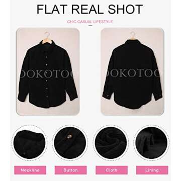 Dokotoo Womens Corduroy Shirts Button Down V Neck Long Sleeve Blouse Casual Roll Up Cuffed Tops with Pockets L Black
