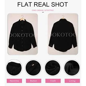 Dokotoo Womens Corduroy Shirts Button Down V Neck Long Sleeve Blouse Casual Roll Up Cuffed Tops with Pockets L Black