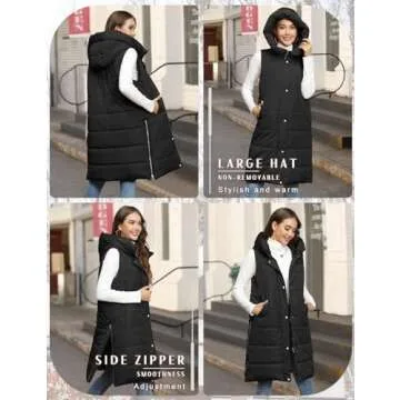 HEEKPEK Womens Puffer Vest Winter Hooded Sleeveless Zip Up Long Puffy Jacket Warm Thick Quilted Coats with Pockets(Black,M)