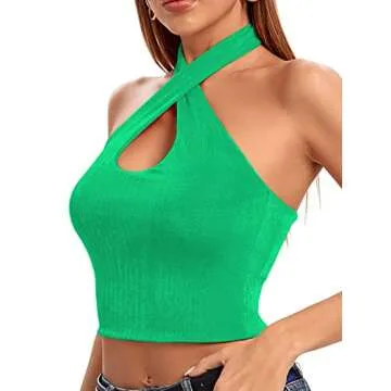 Umenlele Women's Halter Wrap Criss Cross Crop Top Cutout Front Backless Cami Shirt Green X-Small