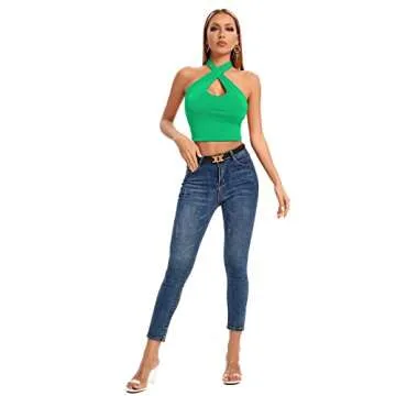 Umenlele Women's Halter Wrap Criss Cross Crop Top Cutout Front Backless Cami Shirt Green X-Small